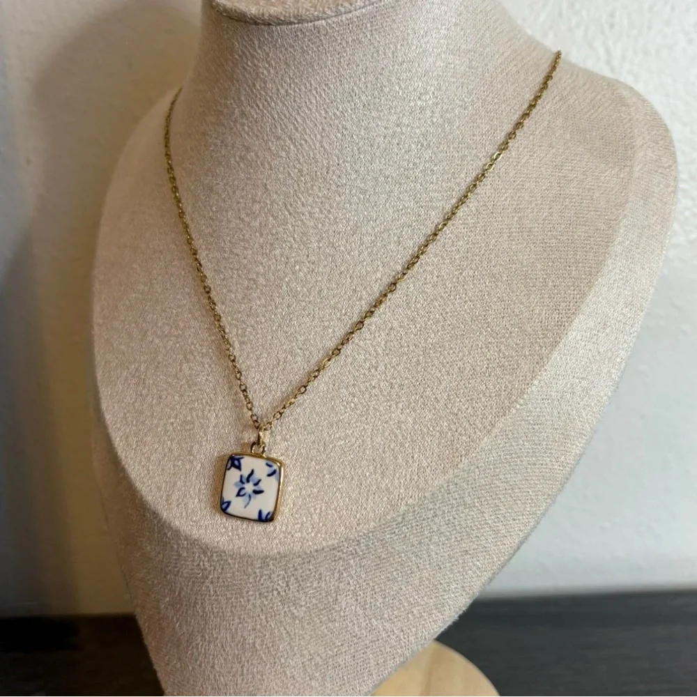 Handmade Gold/Blue Flower Necklace | Waterproof & Tarnish Resistant - Picture 4 of 5